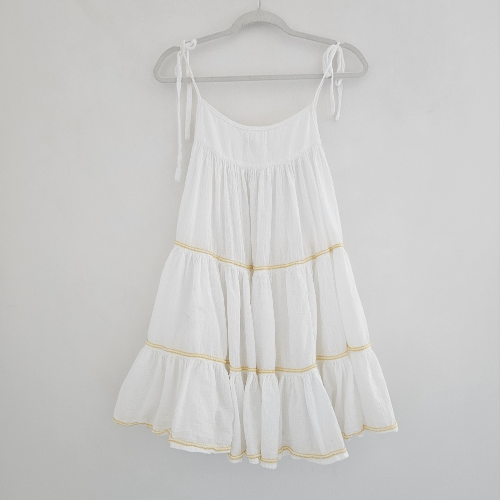 Honorine Peri White With Yellow Embroidered Strips Tiered Pouff Dress - Picture 10 of 11